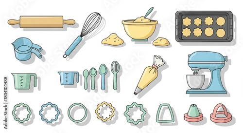 This colorful vector illustration presents a comprehensive collection of baking tools and equipment arranged neatly on a white background. Key items include a rolling pin, whisk, measuring cups.