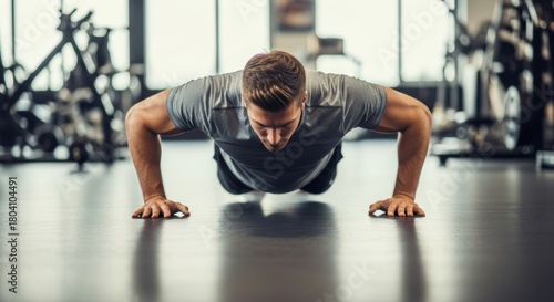 Young caucasian male exercising with push-ups in gym