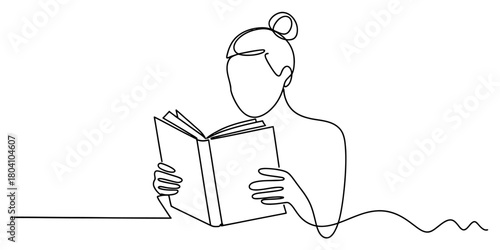 Continuous line drawing of a person focused on reading an open book, symbolizing learning, education, and knowledge acquisition.