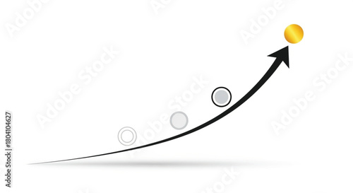 This clean, vector graphic illustrates continuous progress towards a goal, represented by a bold, curving black arrow moving upward. The arrow culminates in a shiny, golden sphere.