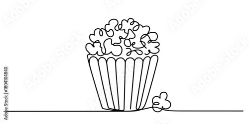 Continuous line drawing of fresh popcorn in a striped paper cup, representing a classic cinema snack or movie night enjoyment.