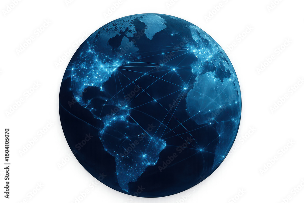 Fototapeta premium Blue earth globe showing a global network with glowing lines and points connecting continents, representing modern digital communication. Transparent background