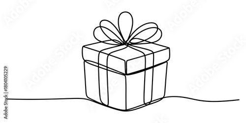 Minimalist continuous line art illustration of a classic gift box topped with a charming decorative bow, ideal for celebrations and presents.