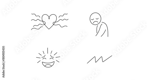 This image displays a set of four minimalist line art icons representing various emotional and physical states. The collection includes symbols for love/passion (a pulsing heart), sadness/grief .