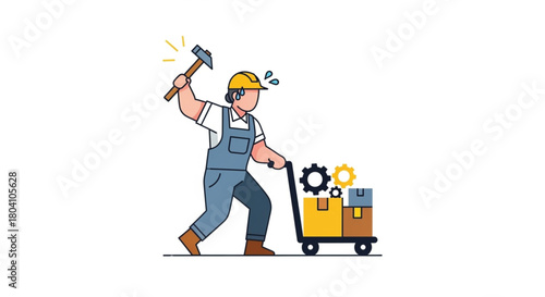 A flat vector illustration depicting an overworked, stressed worker wearing a hard hat and overalls, aggressively raising a hammer while pushing a cart loaded with boxes and gears.