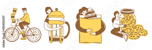 Fun characters holding coffee and pastry. Minimal hand drawn illustrations for postcards, menu, brand identity, logo design.
