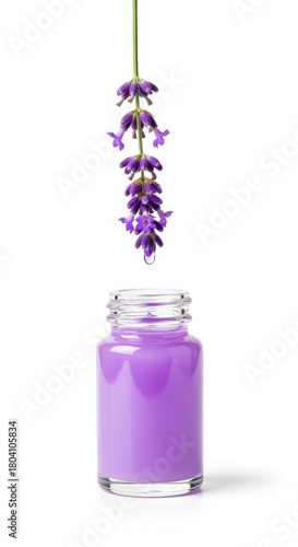 Fresh lavender flowers with dripping essential oil into a pastel purple glass dropper bottle. Concept for natural lavender essential oil, aromatherapy, or organic cosmetic product mockups.