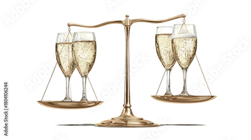 Champagne glasses on a scale isolated on, balance concept