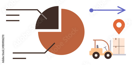 Pie chart with segments labeled, arrow symbolizing progress, location pin, and forklift transporting crates. Ideal for supply chain, logistics, warehouse management, progress tracking, business