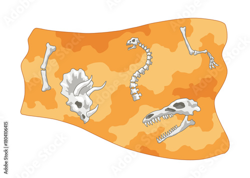Era of Earth history. Fossil dinosaurs, elements for paleontology and archeology works. Scene with various animals bones in soil layer. Vector old dino skeletons buried underground