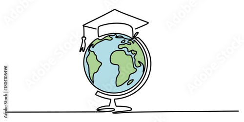 Continuous line drawing of a globe wearing a graduation cap, symbolizing global education and academic achievement worldwide.