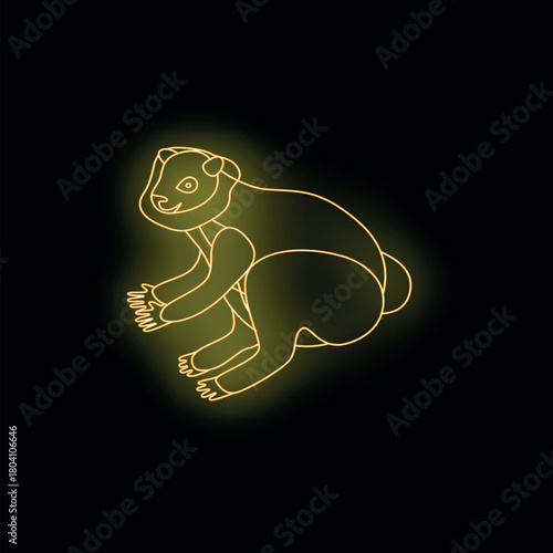 Stylized neon yellow panda sitting and relaxing on a black background, glowing with a warm, inviting light