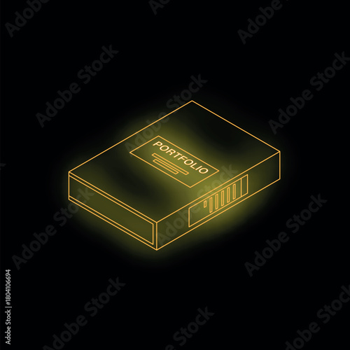 Neon yellow portfolio binder glowing on a dark background, showcasing professional accomplishments and creative work