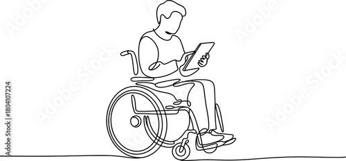 Man in wheelchair reading tablet continuous line drawing. disabled person using technology, accessibility concept, modern lifestyle.
