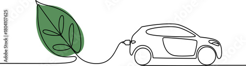 Green energy concept: continuous line drawing of an electric car charging from a vibrant leaf, symbolizing sustainable transport and eco-friendly future.