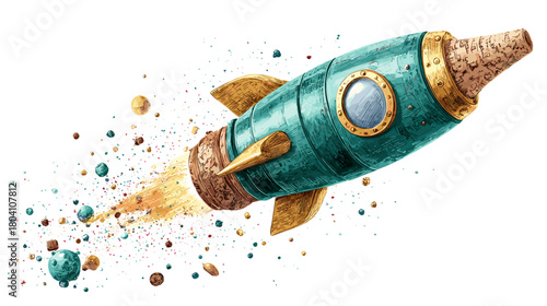Watercolor illustration of a rocket ship isolated on