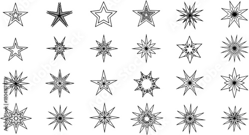 Diverse Collection of Vector Star Shapes and Geometric Designs. A Set of Celestial Elements, Featuring Classic Five-Pointed Stars, Intricate Multi-Pointed Radial Patterns, and Ornamental Graphics.