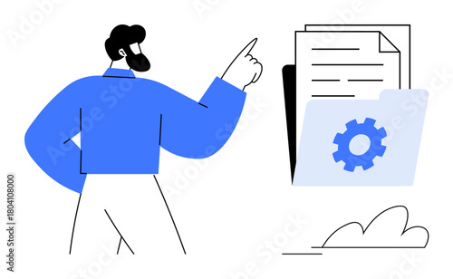 Man pointing towards a folder containing documents and a gear, symbolizing workflow optimization, organization, or teamwork. Ideal for productivity, tech, office processes, data, planning teamwork