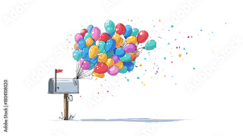 Mailbox with many colorful balloons isolated on in watercolor style