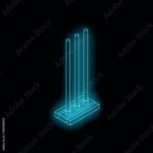 Neon blue cricket wicket shining on black background, symbolizing sports, competition and winning