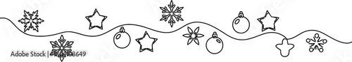 Continuous line drawing of winter and christmas festive decorations, featuring snowflakes, stars, and baubles on a white background.