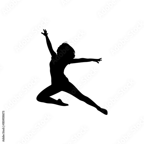 Silhouette of a woman in mid air with arms outstretched and one leg extended on a white background