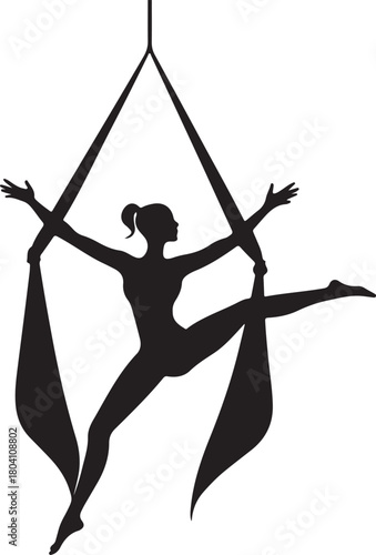 Aerial yoga pose, black silhouette of a woman suspended in a silk hammock