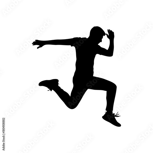 A silhouette of a man in mid air running with his left arm extended and right arm bent at the elbow