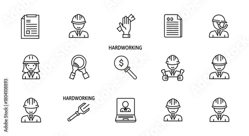 This is a set of fifteen linear icons focused on labor, engineering, and construction. The collection includes male and female workers wearing hard hats, documents, tools like a wrench and magnifying.