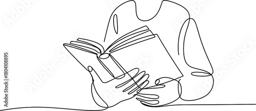 Continuous line art drawing of a person holding an open book, symbolizing education, knowledge, studying, and literacy concept on white.