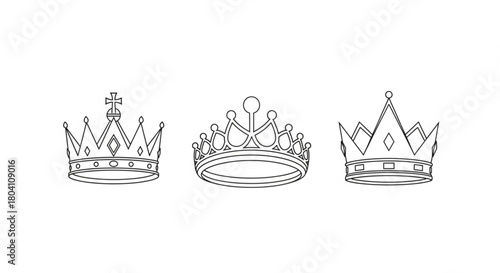 A set of three elegant vector crown line icons in black and white, featuring distinct styles: a majestic king's crown with a cross, a delicate princess or queen's tiara, and a geometric royal diadem. 