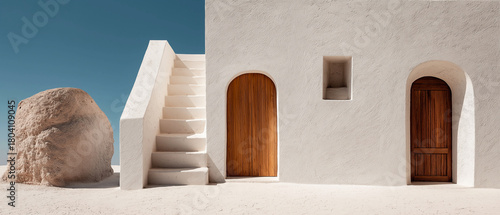 Traditional white plaster building with stairs and wooden arched doors under clear blue sky