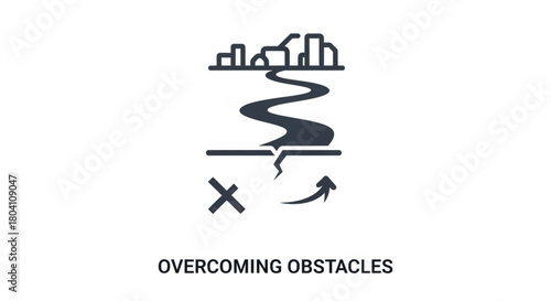 A monochrome icon representing the concept of Overcoming Obstacles or Strategic Planning. It features a winding river/path leading toward a cityscape, with a broken path and a curved arrow showing.