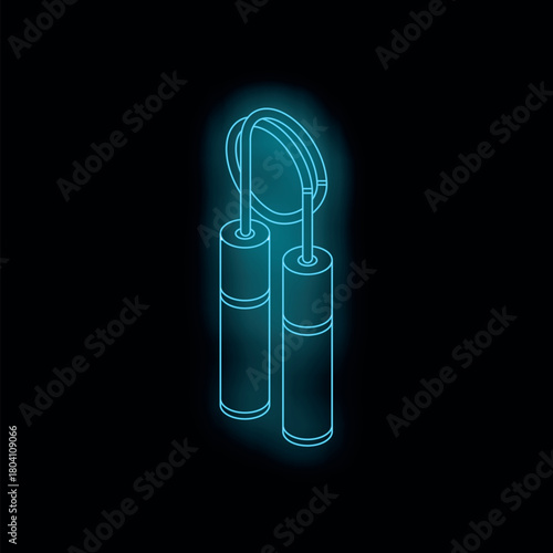 Blue neon nunchaku glowing on dark background, isometric view of martial arts weapon