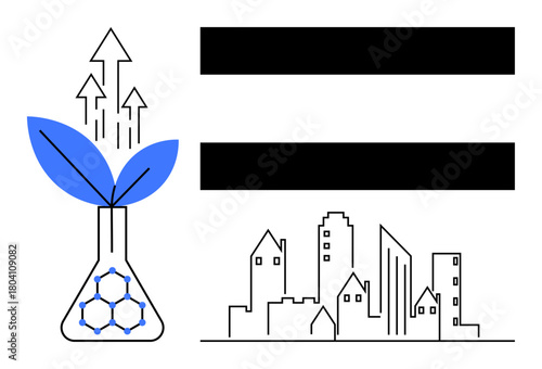 Laboratory flask with green leaf sprouting and arrows symbolizing growth. Urban cityscape with equality lines. Ideal for innovation, sustainability, urban development, science, equality, ecology