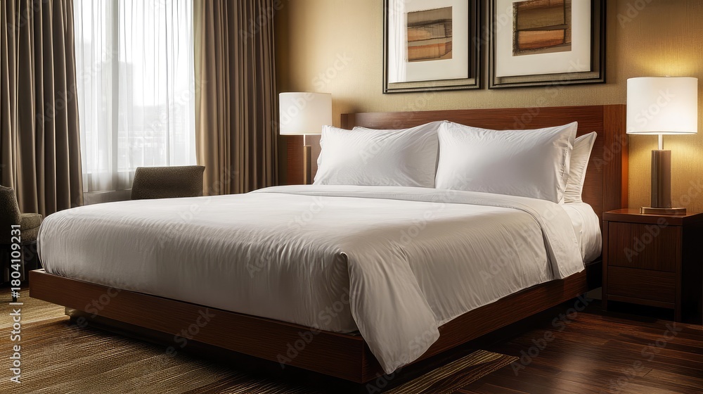 Fototapeta premium A contemporary hotel suite featuring a plush queen bed, deep eucalyptus walls, and polished wooden flooring, offering a refined yet inviting atmosphere.