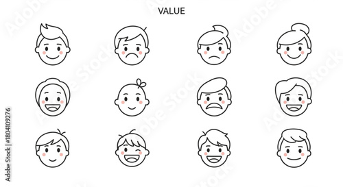 A clean, minimal set of outline icons featuring various human faces and emotions in a simple line-art style. The collection includes avatars for men, women, and children, expressing feelings.