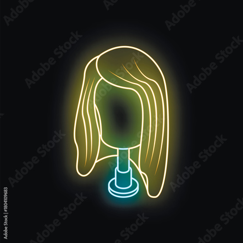 Blonde wig on mannequin head, neon sign glowing in dark, beauty salon or hairstyle concept