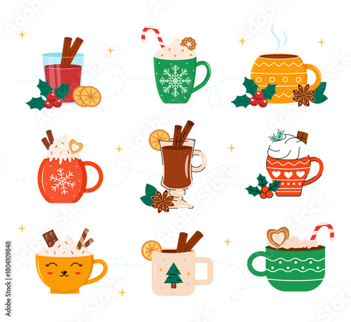Christmas hot drinks, set. Vector mugs and cups of winter holiday hot beverages, cocoa and coffee cocktails with Xmas treats, cream, candy canes, gingerbread,  marshmallow