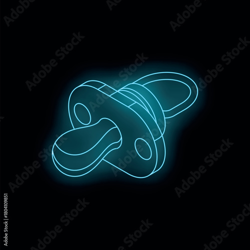 Neon blue baby pacifier glowing on a black background, symbolizing childcare, parenthood, and the early stages of life