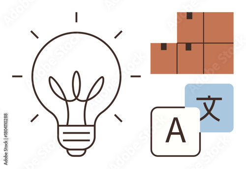 Light bulb symbolizing ideas, stacked cardboard boxes for logistics, and translation icons for language solutions. Ideal for creativity, logistics, translation, innovation, communication, teamwork
