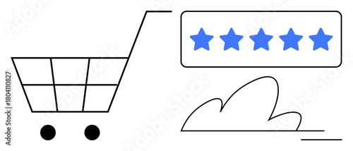 Shopping cart alongside a five-star rating icon over abstract background. Ideal for e-commerce, customer satisfaction, product quality, reviews, online shopping, ratings, digital marketplace. Simple