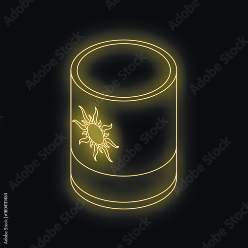 Glowing yellow storage tin can with sun drawing on black background