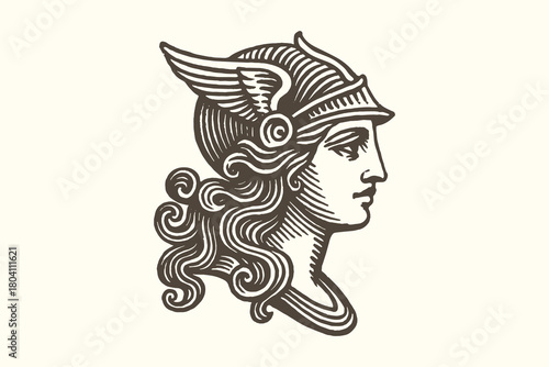 Winged warrior goddess profile vintage engraving vector illustration