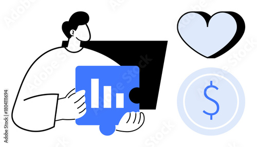 Person holding data puzzle piece with bar chart, accompanied by a heart and dollar sign. Ideal for finance, analytics, problem-solving, love, success, marketing strategy. Simple flat metaphor