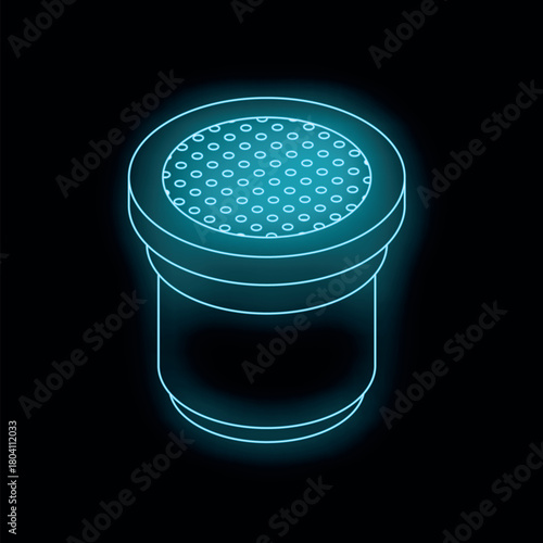 Neon blue coffee pod glowing on black background, representing modern beverage culture and single serve coffee trend