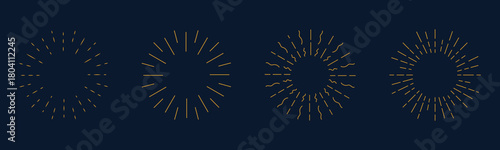 Vintage starburst. Sunburst shapes, bursting sun rays, sunshine. Radial fireworks burst, sunset and sunrise, star beams, sparkle elements. Vector classic boho logo line set. Sunburst vector set sun