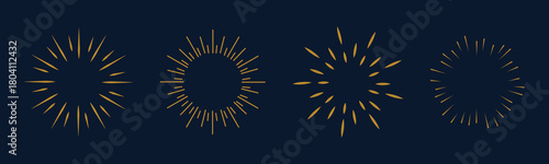 Vintage starburst. Sunburst shapes, bursting sun rays, sunshine. Radial fireworks burst, sunset and sunrise, star beams, sparkle elements. Vector classic boho logo line set. Sunburst vector set sun