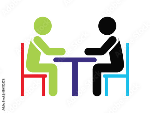A colorful illustration of two people sitting at a table, representing a meeting, discussion, or negotiation