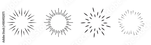 Golden sunburst frame collection. Retro gold radial sun light border set. Vintage sun beams or rays circle element pack for cadre, decor, label, badge, emblem. Vector yellow round boarder bundle